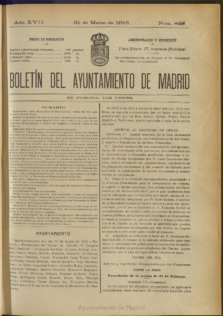 Miniatura de Boletín Oficial del Ayuntamiento de Madrid del 31 de marzo de 1913, nº 848