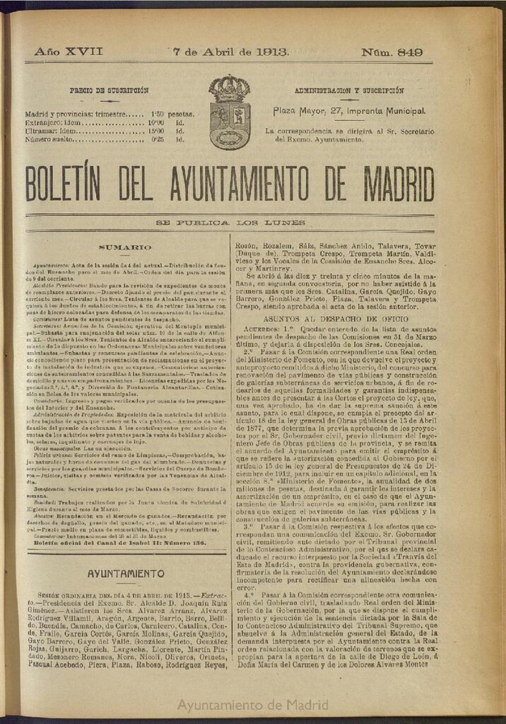 Miniatura de Boletín Oficial del Ayuntamiento de Madrid del 7 de abril de 1913, nº 849