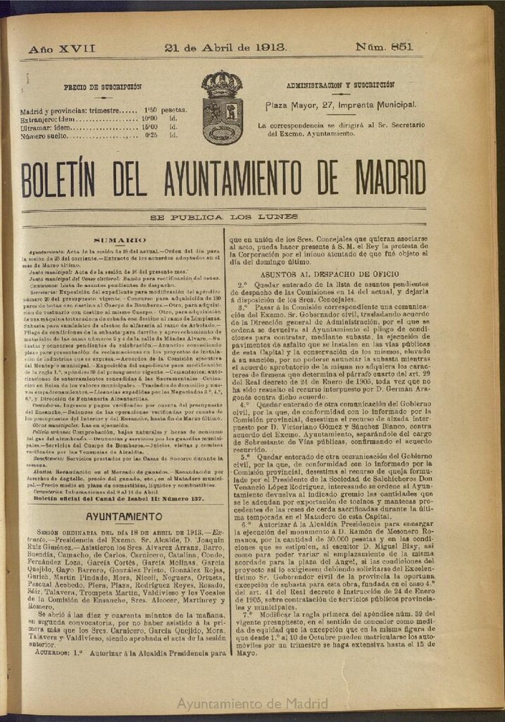 Miniatura de Boletín Oficial del Ayuntamiento de Madrid del 21 de abril de 1913, nº 851