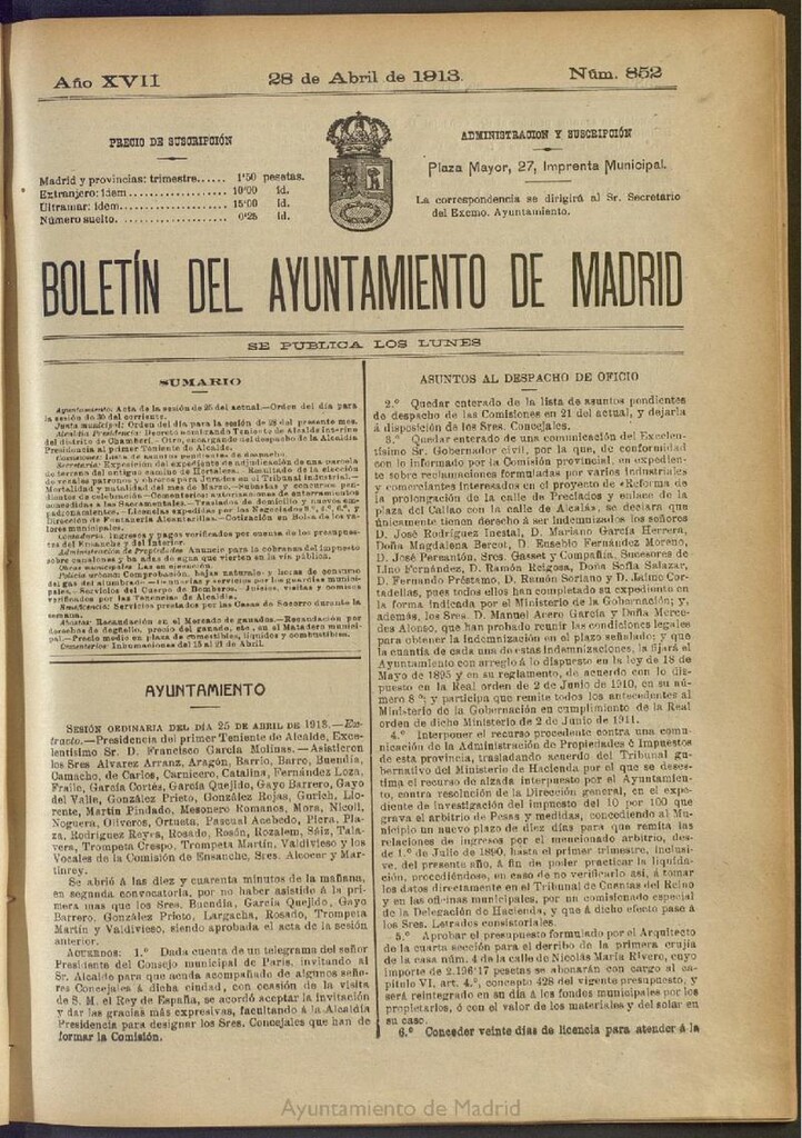 Miniatura de Boletín Oficial del Ayuntamiento de Madrid del 28 de abril de 1913, nº 852