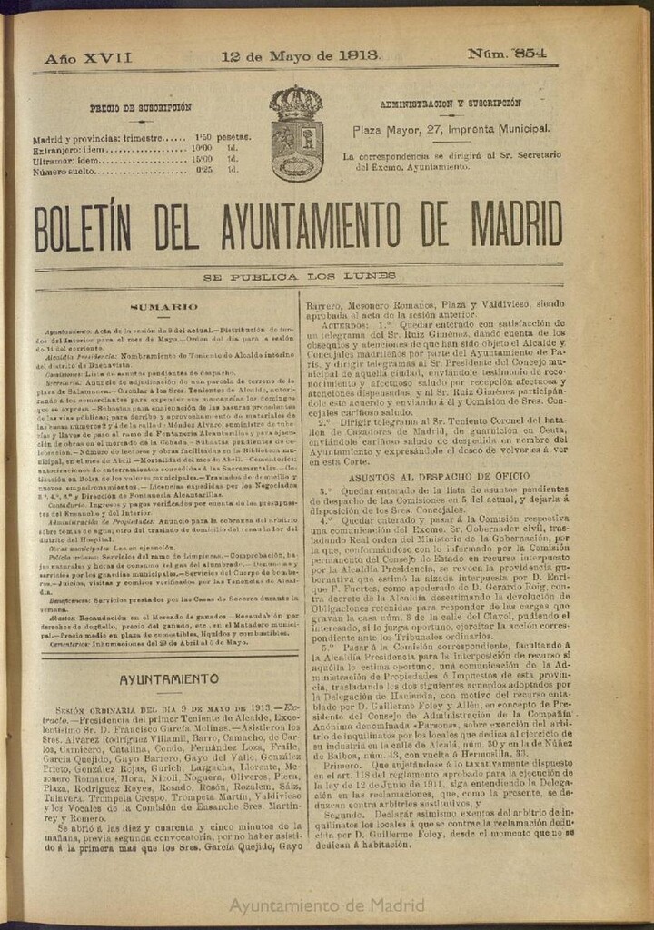 Miniatura de Boletín Oficial del Ayuntamiento de Madrid del 12 de mayo de 1913, nº 854