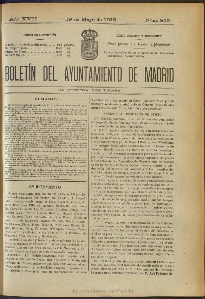 Miniatura de Boletín Oficial del Ayuntamiento de Madrid del 19 de mayo de 1913, nº 855