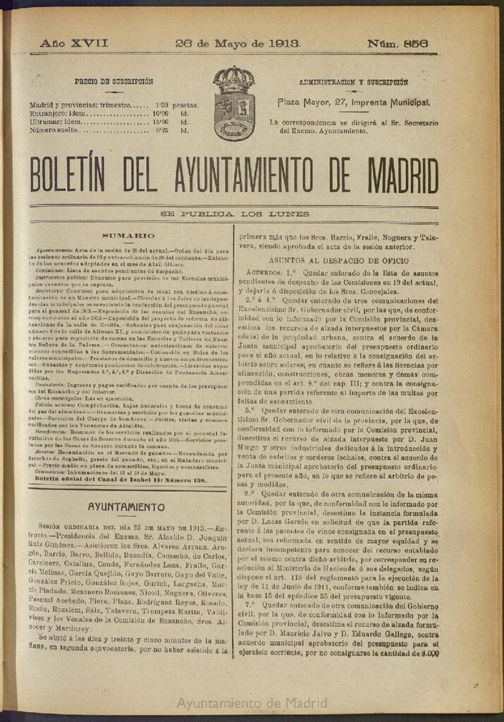 Miniatura de Boletín Oficial del Ayuntamiento de Madrid del 26 de mayo de 1913, nº 856