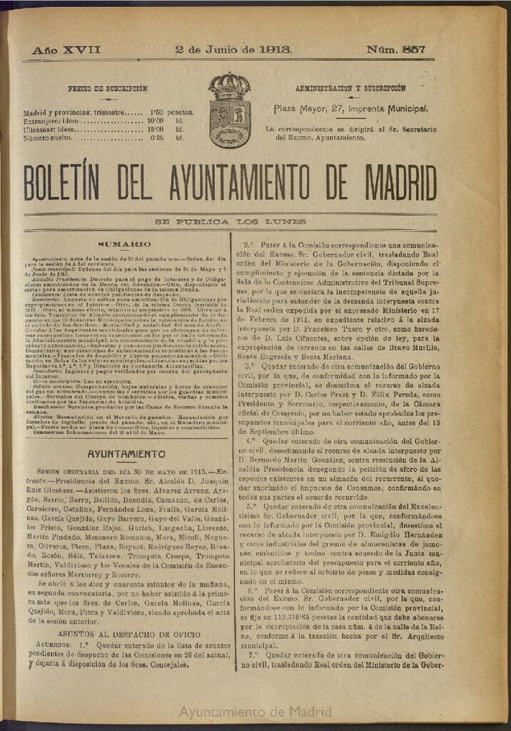 Miniatura de Boletín Oficial del Ayuntamiento de Madrid del 2 de junio de 1913, nº 857