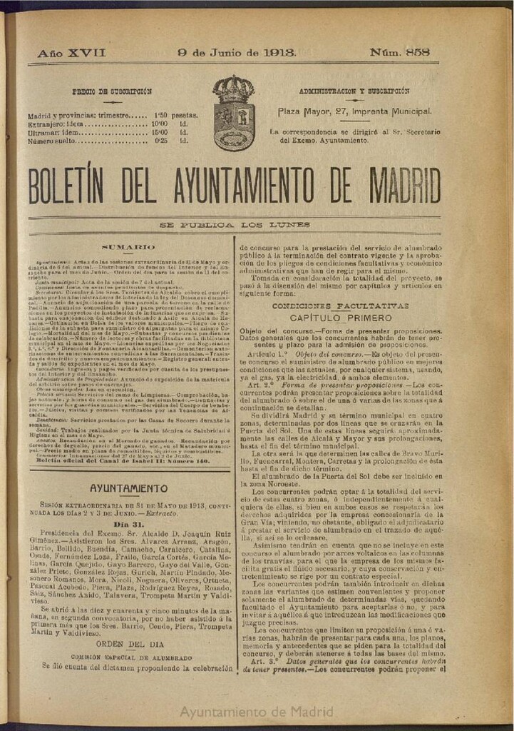 Miniatura de Boletín Oficial del Ayuntamiento de Madrid del 9 de junio de 1913, nº 858