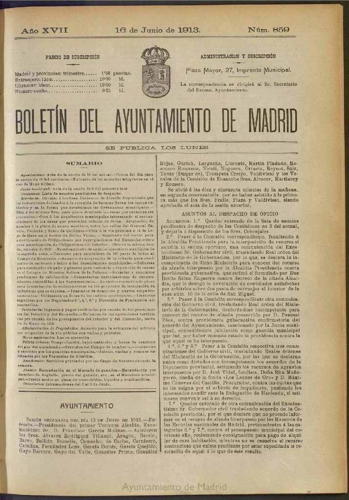 Miniatura de Boletín Oficial del Ayuntamiento de Madrid del 16 de junio de 1913, nº 859