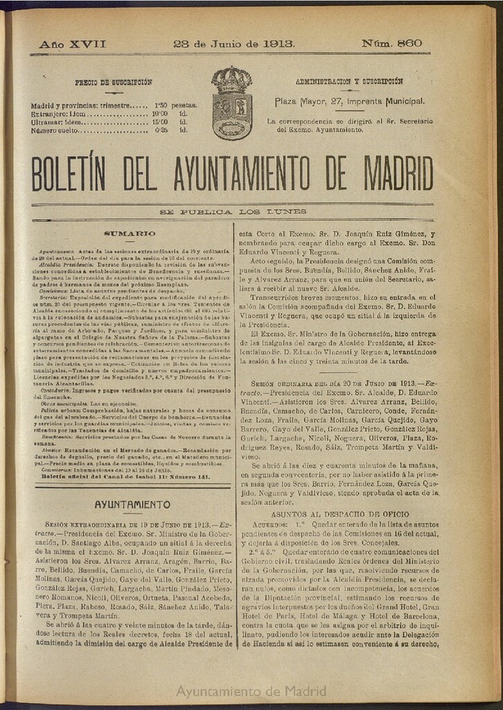 Miniatura de Boletín Oficial del Ayuntamiento de Madrid del 23 de junio de 1913, nº 860
