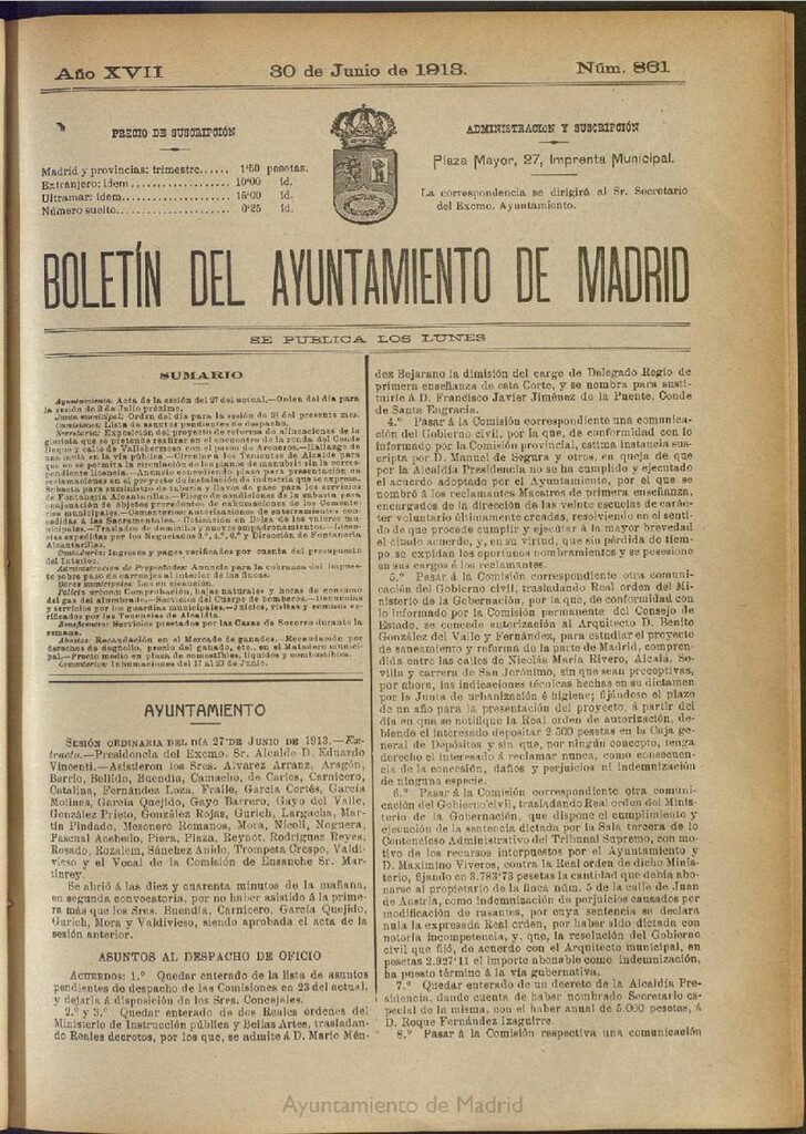 Miniatura de Boletín Oficial del Ayuntamiento de Madrid del 30 de junio de 1913, nº 861