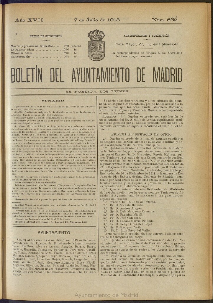 Miniatura de Boletín Oficial del Ayuntamiento de Madrid del 7 de julio de 1913, nº 862