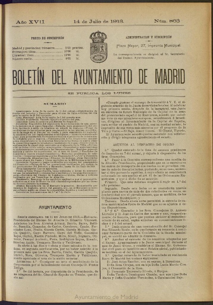Miniatura de Boletín Oficial del Ayuntamiento de Madrid del 14 de julio de 1913, nº 863