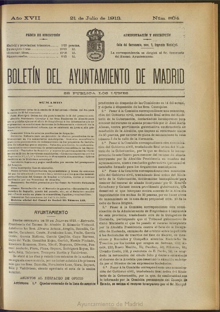 Miniatura de Boletín Oficial del Ayuntamiento de Madrid del 21 de julio de 1913, nº 864