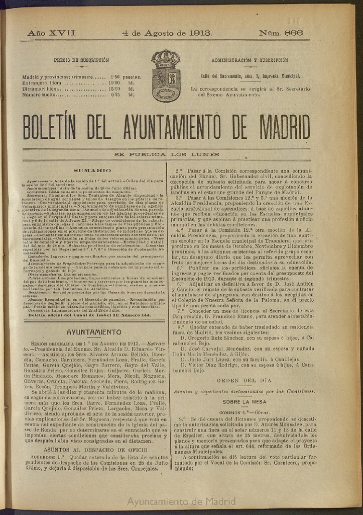 Miniatura de Boletín Oficial del Ayuntamiento de Madrid del 4 de agosto de 1913, nº 866