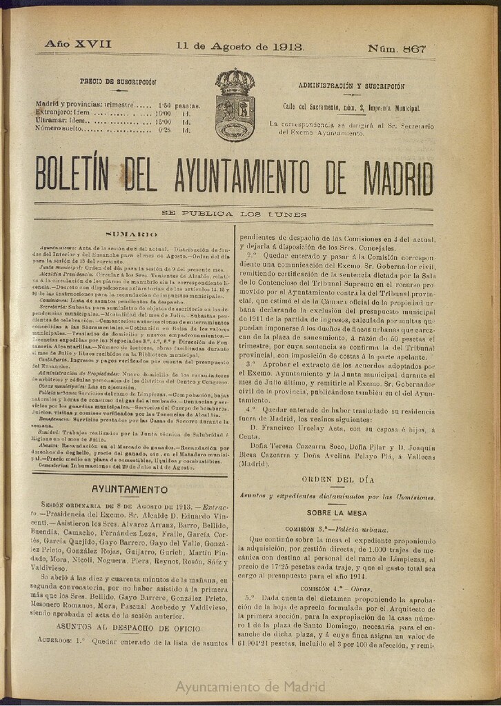 Miniatura de Boletín Oficial del Ayuntamiento de Madrid del 11 de agosto de 1913, nº 867