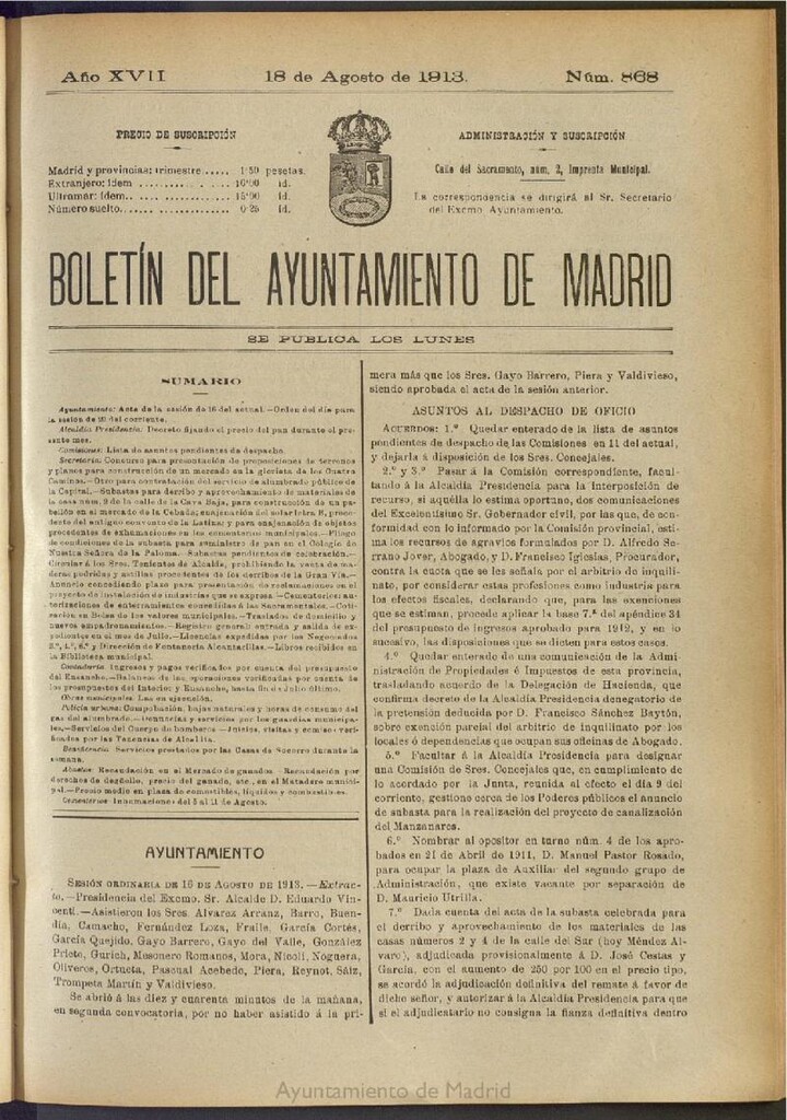 Miniatura de Boletín Oficial del Ayuntamiento de Madrid del 18 de agosto de 1913, nº 868
