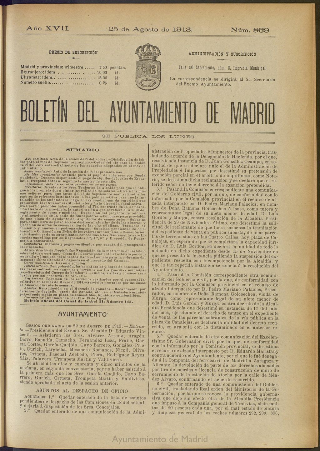 Miniatura de Boletín Oficial del Ayuntamiento de Madrid del 25 de agosto de 1913, nº 869