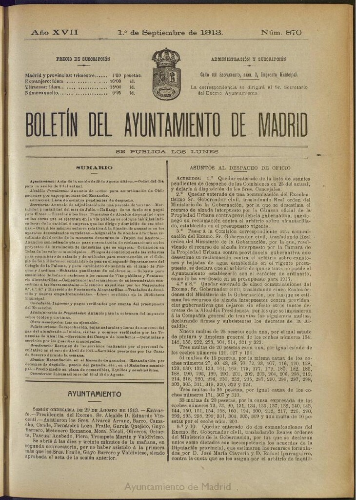 Miniatura de Boletín Oficial del Ayuntamiento de Madrid del 1 de septiembre de 1913, nº 870