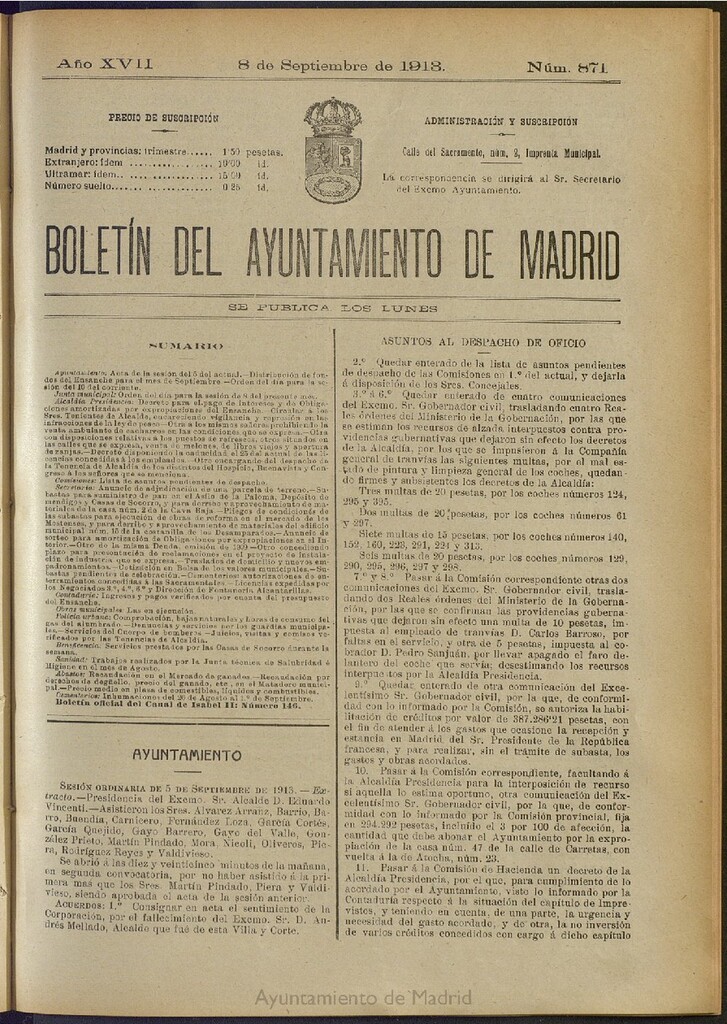 Miniatura de Boletín Oficial del Ayuntamiento de Madrid del 8 de septiembre de 1913, nº 871