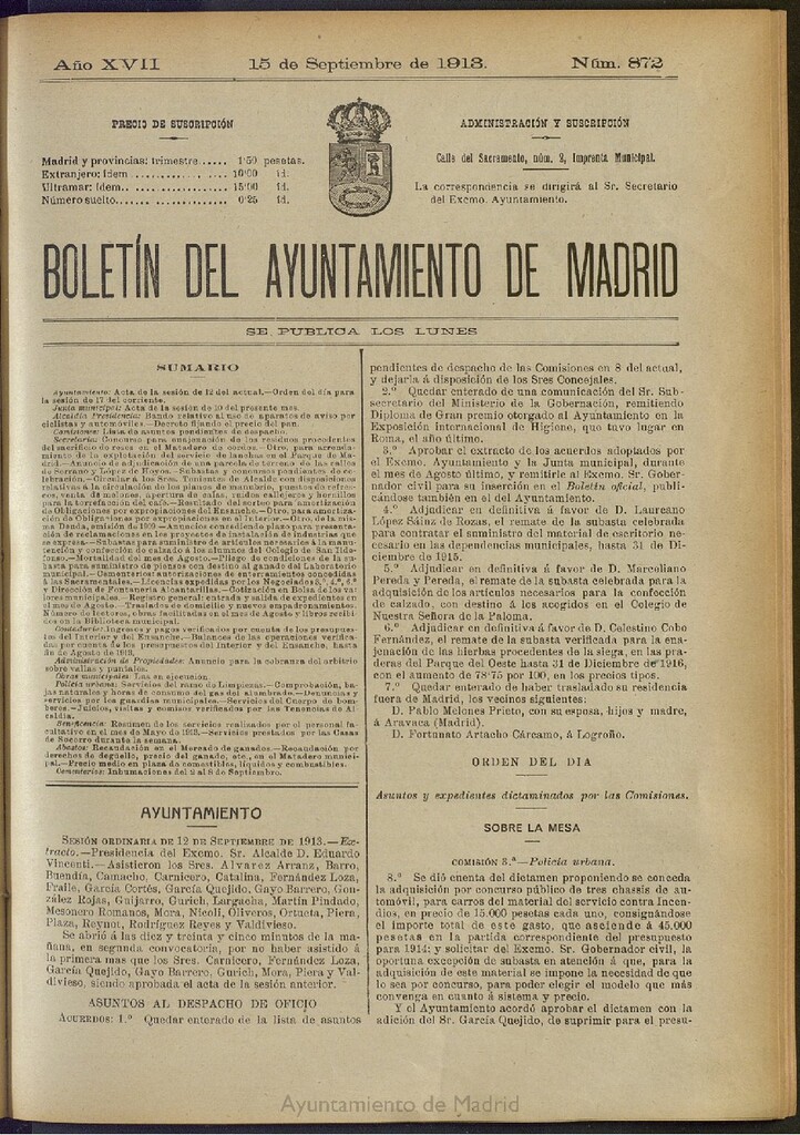 Miniatura de Boletín Oficial del Ayuntamiento de Madrid del 15 de septiembre de 1913, nº 872