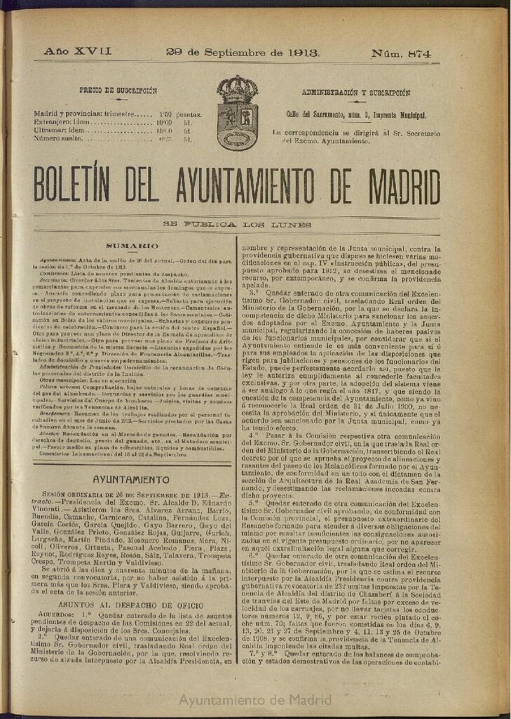 Miniatura de Boletín Oficial del Ayuntamiento de Madrid del 29 de septiembre de 1913, nº 874
