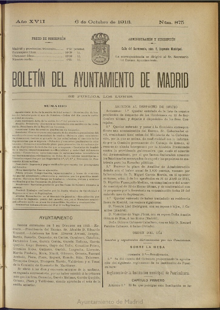 Miniatura de Boletín Oficial del Ayuntamiento de Madrid del 6 de octubre de 1913, nº 875