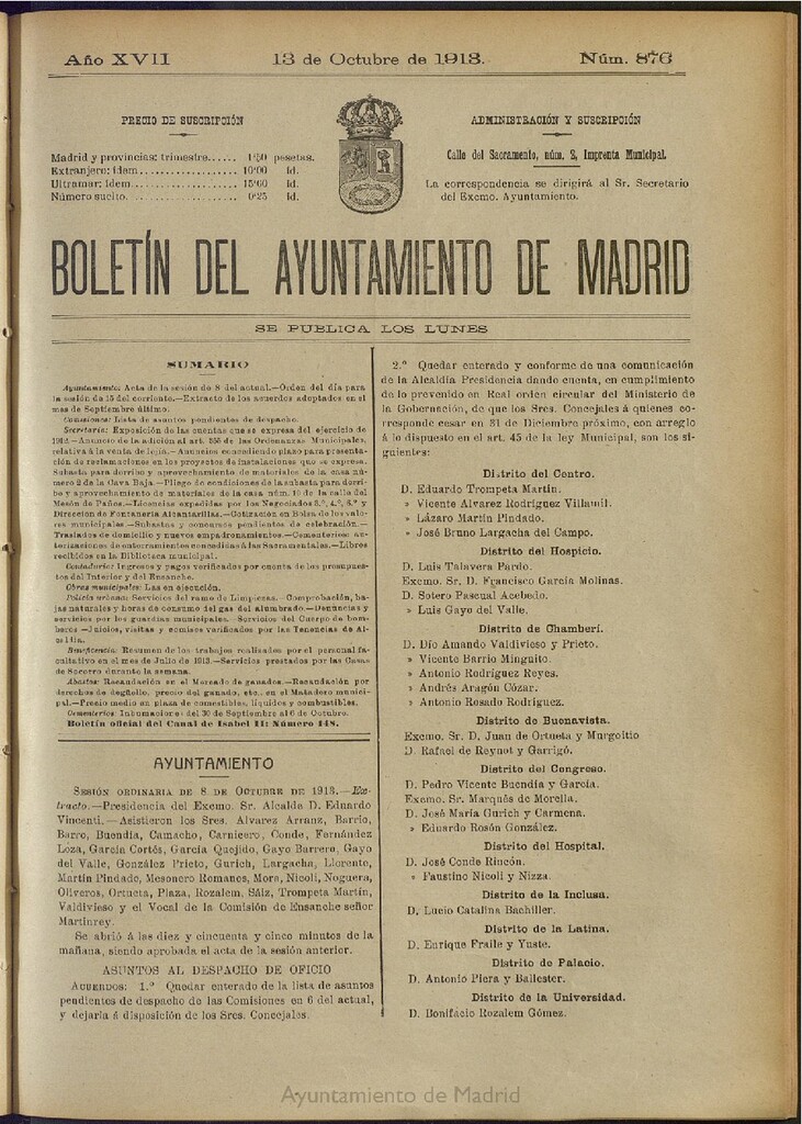 Miniatura de Boletín Oficial del Ayuntamiento de Madrid del 13 de octubre de 1913, nº 876