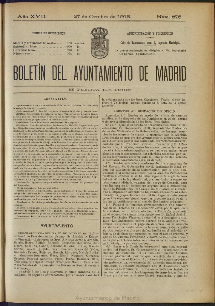 Miniatura de Boletín Oficial del Ayuntamiento de Madrid del 27 de octubre de 1913, nº 878
