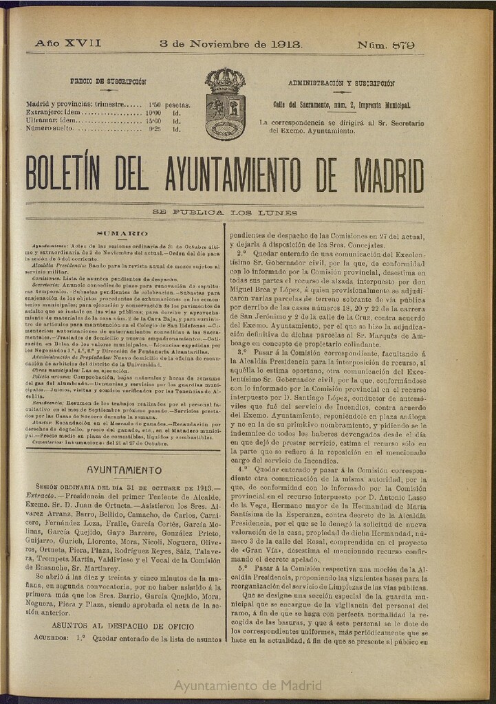 Miniatura de Boletín Oficial del Ayuntamiento de Madrid del 3 de noviembre de 1913, nº 879
