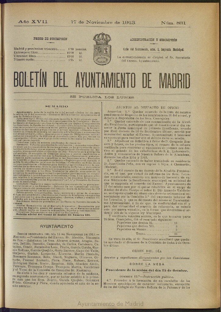 Miniatura de Boletín Oficial del Ayuntamiento de Madrid del 17 de noviembre de 1913, nº 881