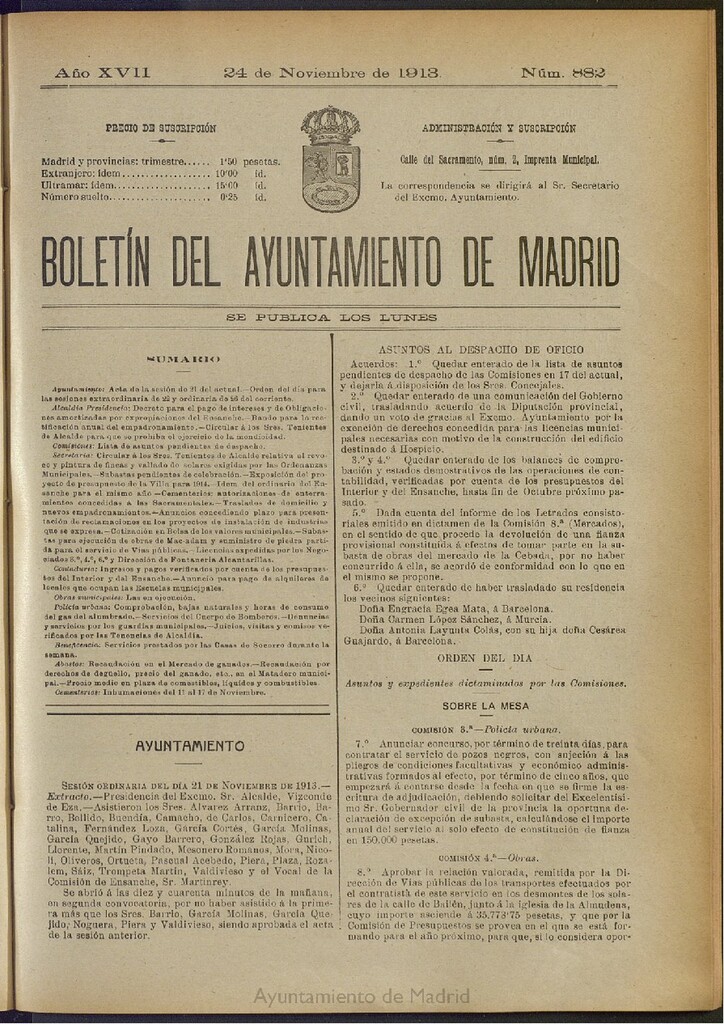 Miniatura de Boletín Oficial del Ayuntamiento de Madrid del 24 de noviembre de 1913, nº 882