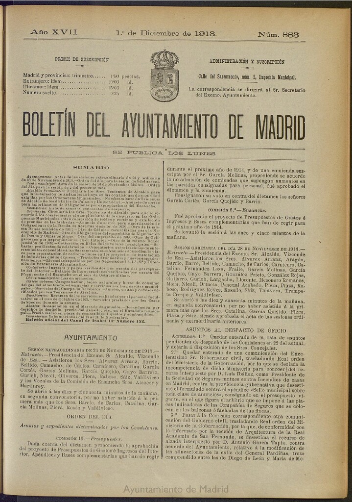 Miniatura de Boletín Oficial del Ayuntamiento de Madrid del 1 de diciembre de 1913, nº 883
