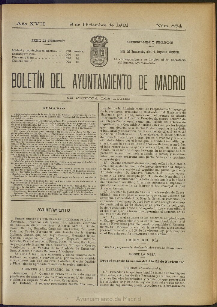Miniatura de Boletín Oficial del Ayuntamiento de Madrid del 8 de diciembre de 1913, nº 884