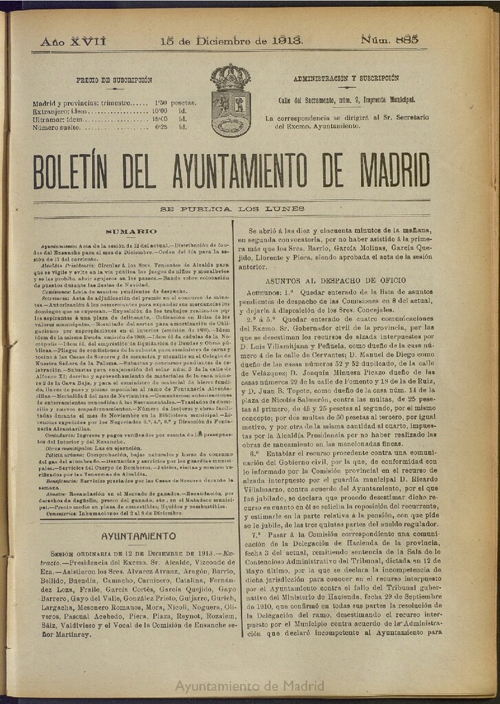 Miniatura de Boletín Oficial del Ayuntamiento de Madrid del 15 de diciembre de 1913, nº 885