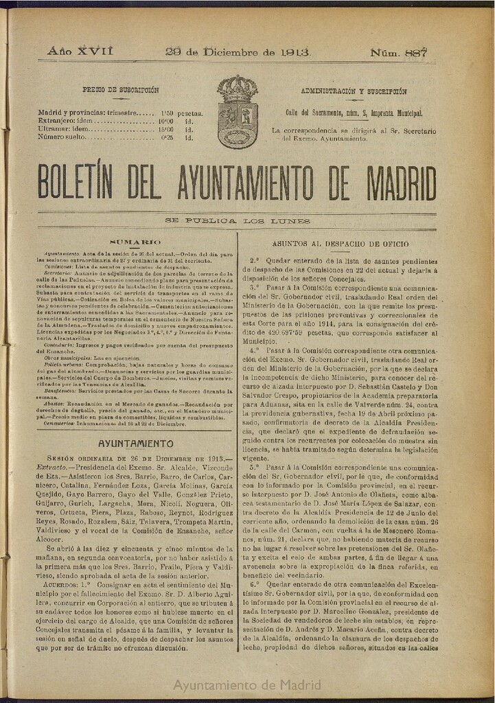 Miniatura de Boletín Oficial del Ayuntamiento de Madrid del 29 de diciembre de 1913, nº 887