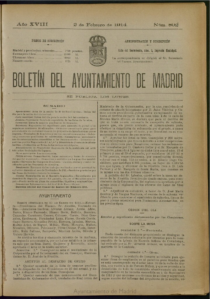 Miniatura de Boletín Oficial del Ayuntamiento de Madrid del 2 de febrero de 1914, nº 892