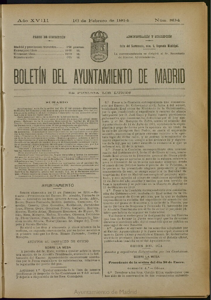 Miniatura de Boletín Oficial del Ayuntamiento de Madrid del 16 de febrero de 1914, nº 894