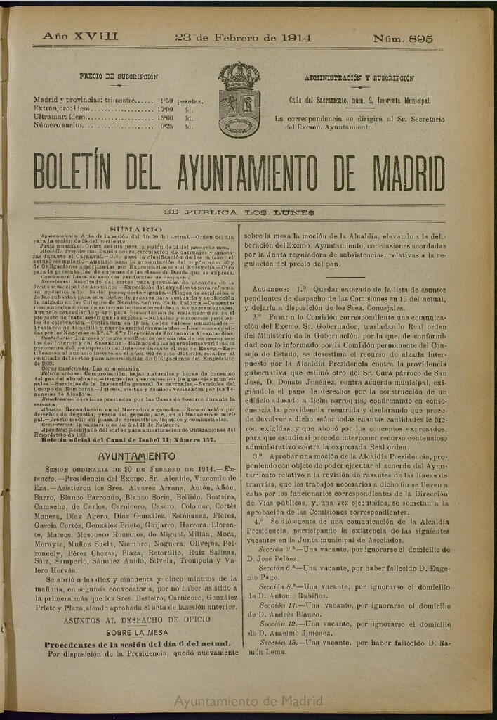 Miniatura de Boletín Oficial del Ayuntamiento de Madrid del 23 de febrero de 1914, nº 895