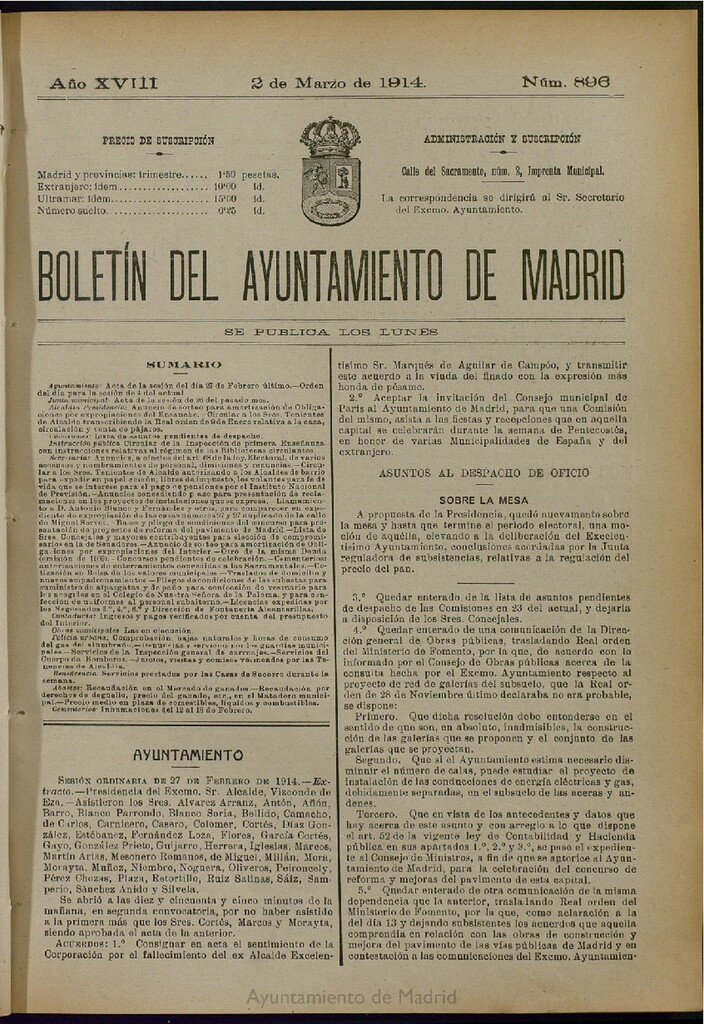 Miniatura de Boletín Oficial del Ayuntamiento de Madrid del 2 de marzo de 1914, nº 896