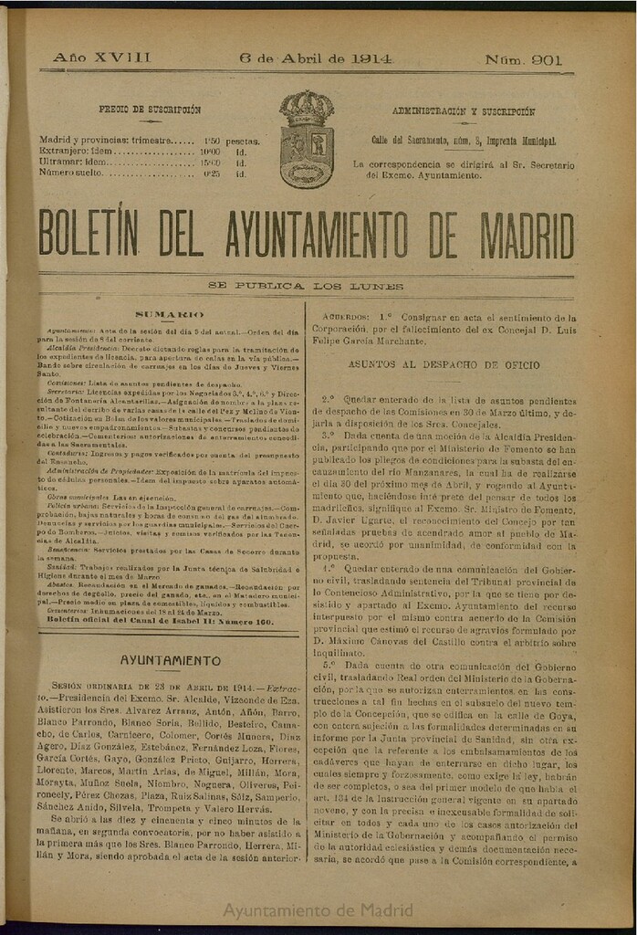 Miniatura de Boletín Oficial del Ayuntamiento de Madrid del 6 de abril de 1914, nº 901
