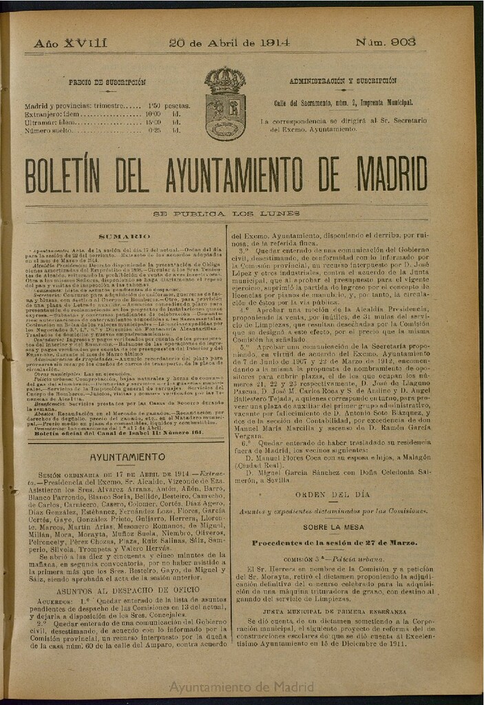 Miniatura de Boletín Oficial del Ayuntamiento de Madrid del 20 de abril de 1914, nº 903