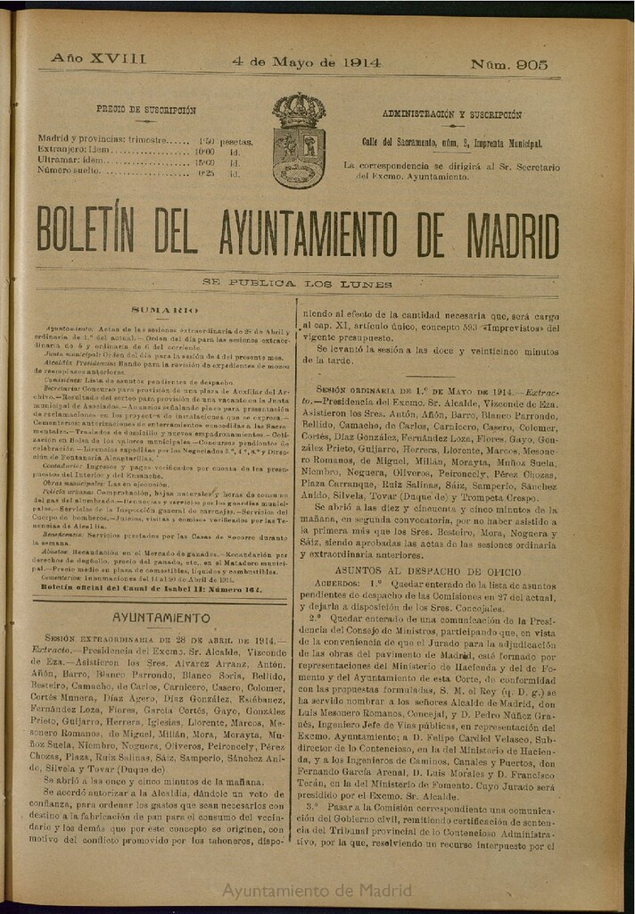 Miniatura de Boletín Oficial del Ayuntamiento de Madrid del 4 de mayo de 1914, nº 905