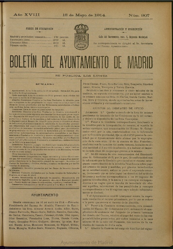 Miniatura de Boletín Oficial del Ayuntamiento de Madrid del 18 de mayo de 1914, nº 907
