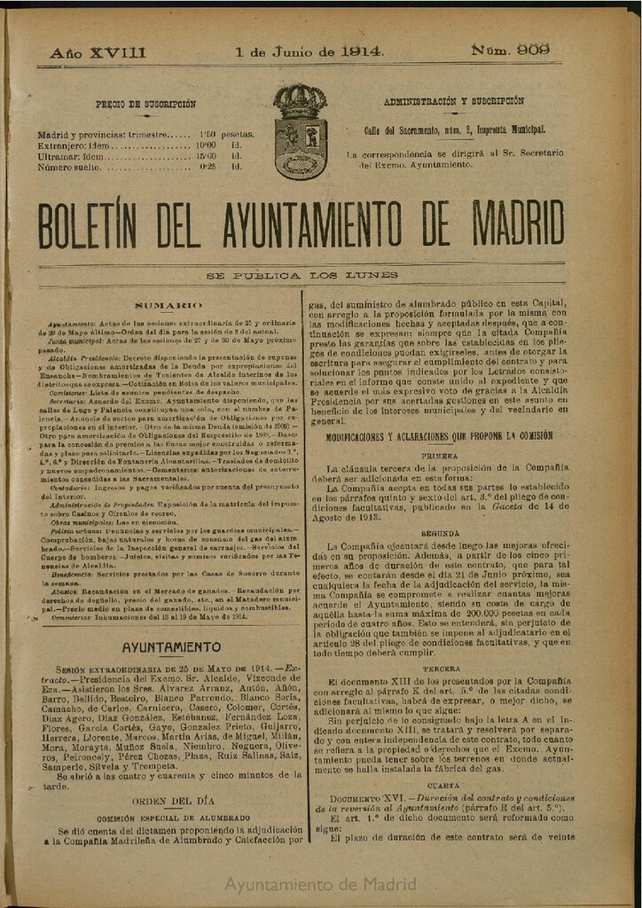 Miniatura de Boletín Oficial del Ayuntamiento de Madrid del 1 de junio de 1914, nº 909