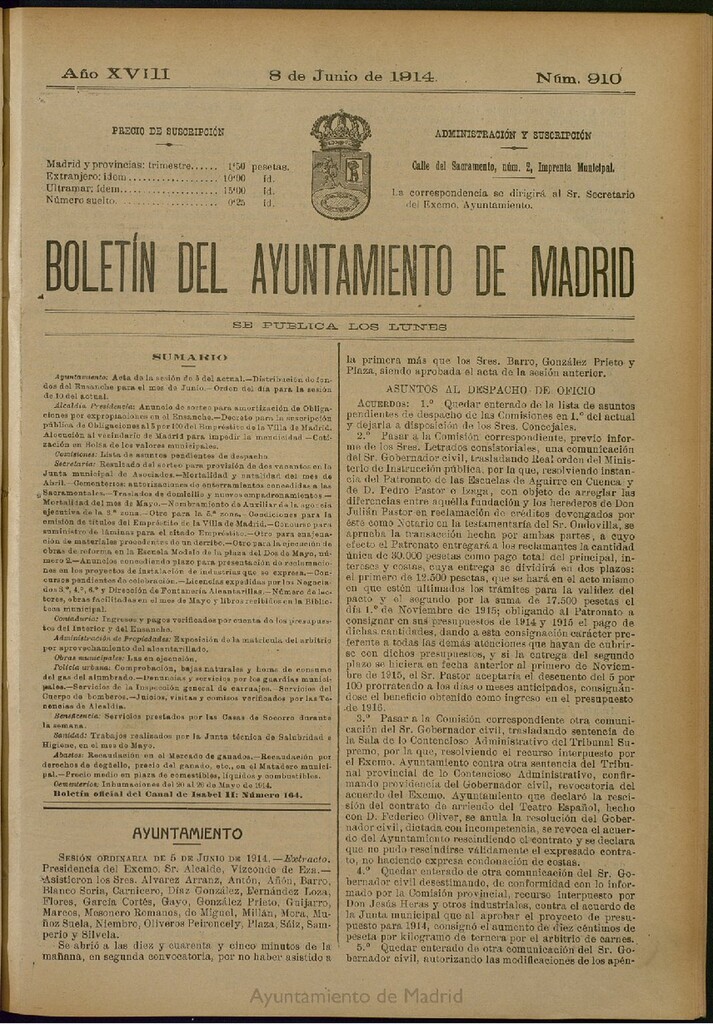Miniatura de Boletín Oficial del Ayuntamiento de Madrid del 8 de junio de 1914, nº 910