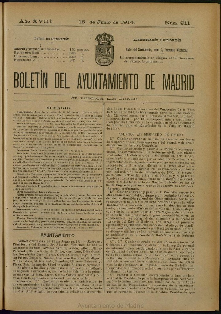 Miniatura de Boletín Oficial del Ayuntamiento de Madrid del 15 de junio de 1914, nº 911