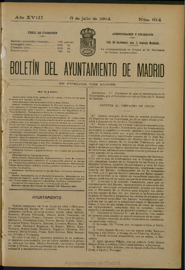 Miniatura de Boletín Oficial del Ayuntamiento de Madrid del 6 de julio de 1914, nº 914