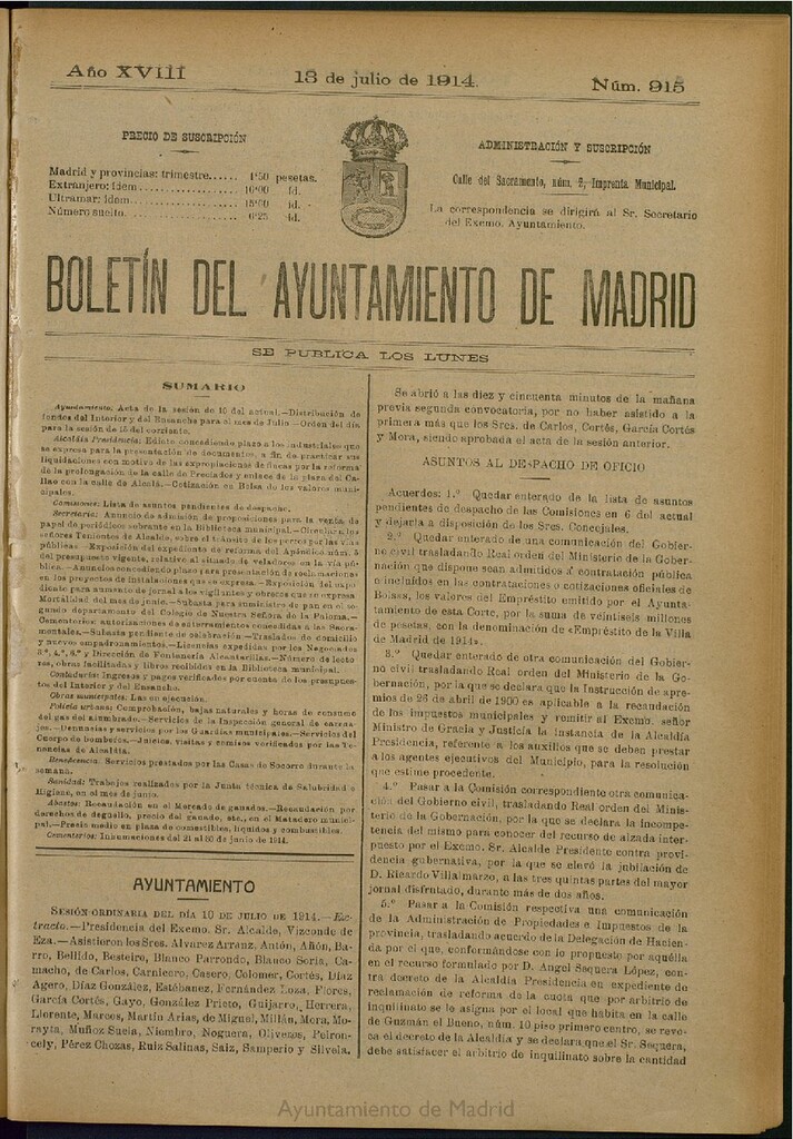 Miniatura de Boletín Oficial del Ayuntamiento de Madrid del 13 de julio de 1914, nº 915