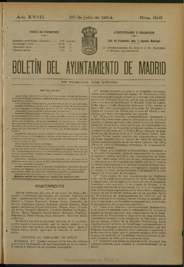 Miniatura de Boletín Oficial del Ayuntamiento de Madrid del 20 de julio de 1914, nº 916