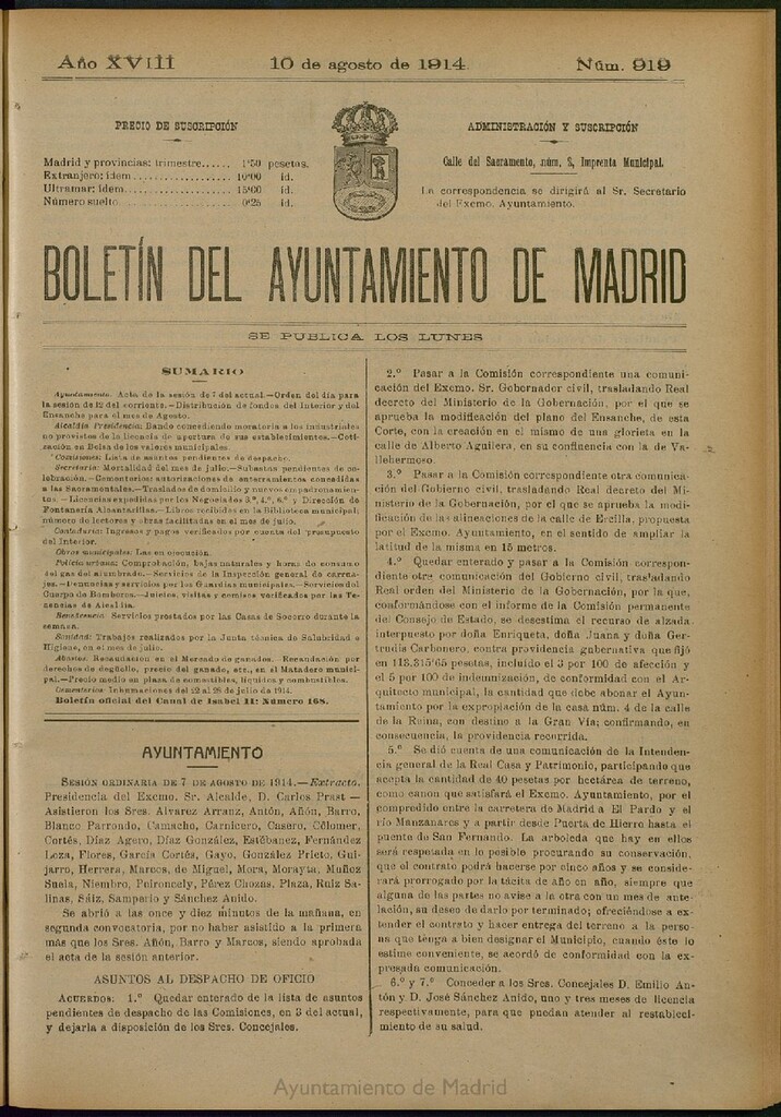 Miniatura de Boletín Oficial del Ayuntamiento de Madrid del 10 de agosto de 1914, nº 919