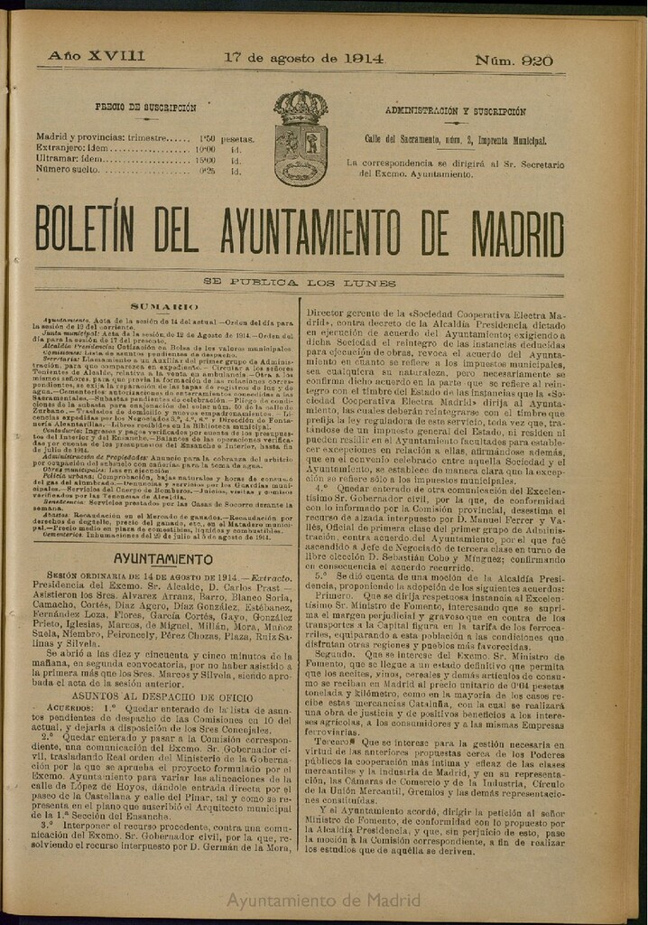 Miniatura de Boletín Oficial del Ayuntamiento de Madrid del 17 de agosto de 1914, nº 920