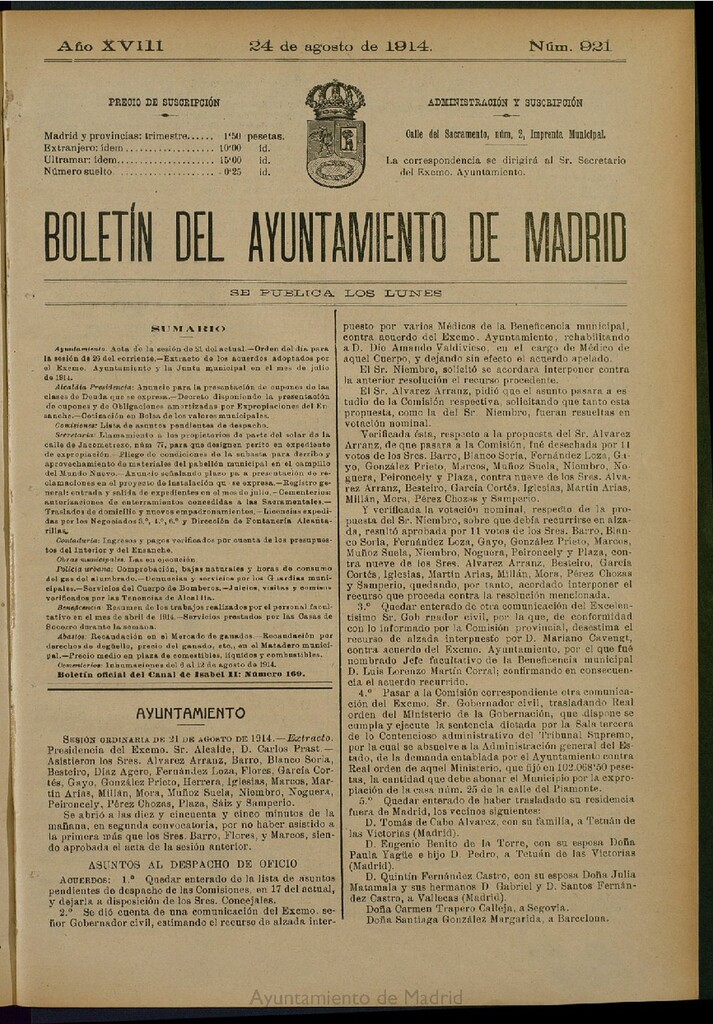 Miniatura de Boletín Oficial del Ayuntamiento de Madrid del 24 de agosto de 1914, nº 921